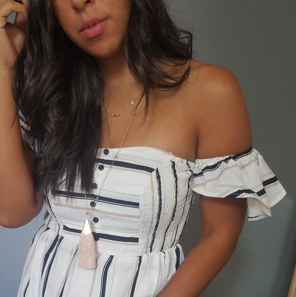 LAST//BEVERLY IVORY NAVY TAN STRIPED MAXI ROMPER - Picture 7 of 8